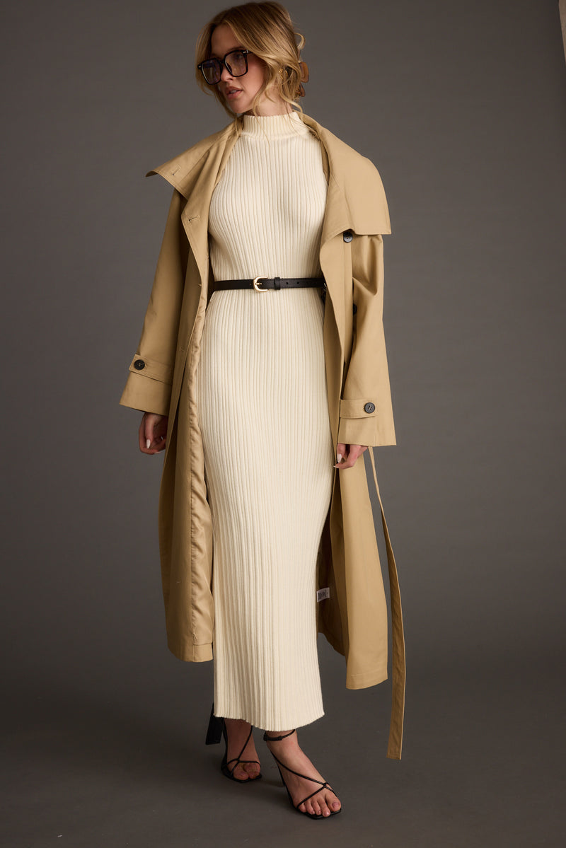 Ruth Cream Turtleneck Sleeveless Sweater Midi Dress paired with complementary accessories for a polished look.