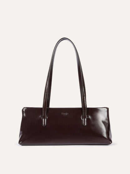 90's BAG coffee glazed leather elongated bag, front view by Rouje