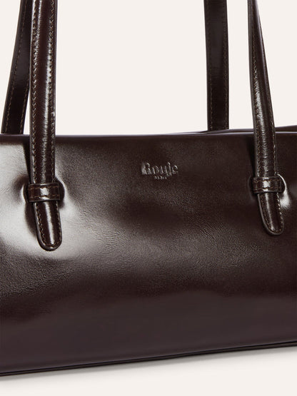90's BAG coffee glazed leather bag, detail of Rouje logo by Rouje