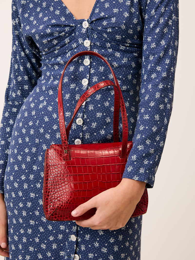 LENA Arlesienne denim print long button-up dress, lifestyle setting by Rouje