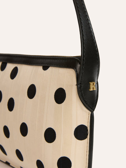 MINI ecru polka-dot clutch bag, detail of gold R logo by Rouje