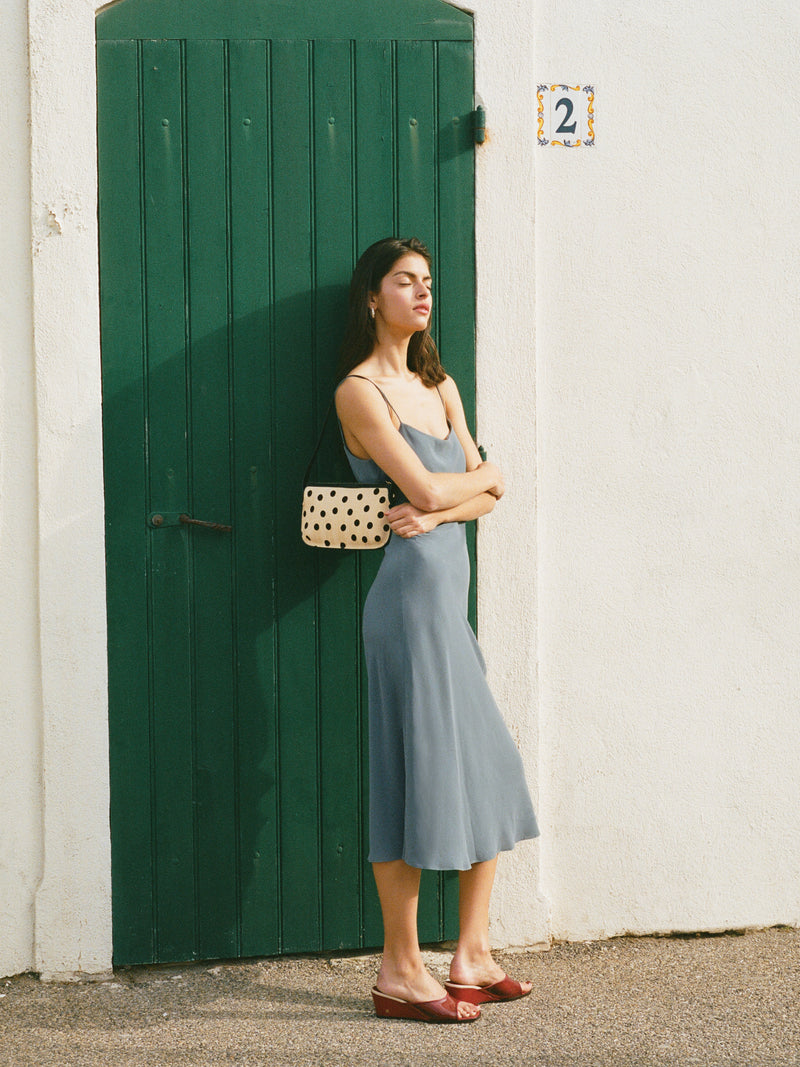 BERTILLE blue-gray long thin-strap dress, lifestyle setting by Rouje