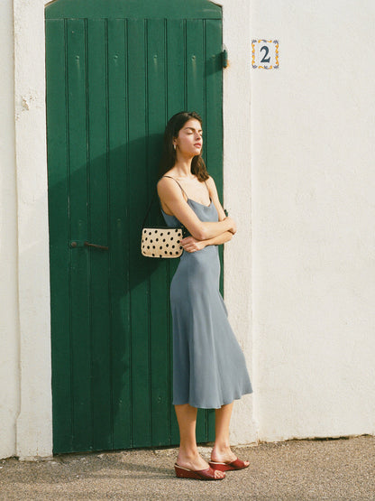 BERTILLE blue-gray long thin-strap dress, lifestyle setting by Rouje