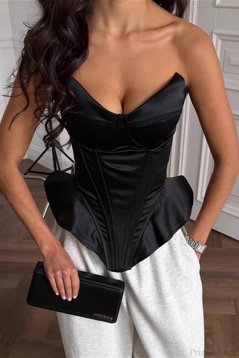 Satin Boned Fitted Bustier Corset Black / S