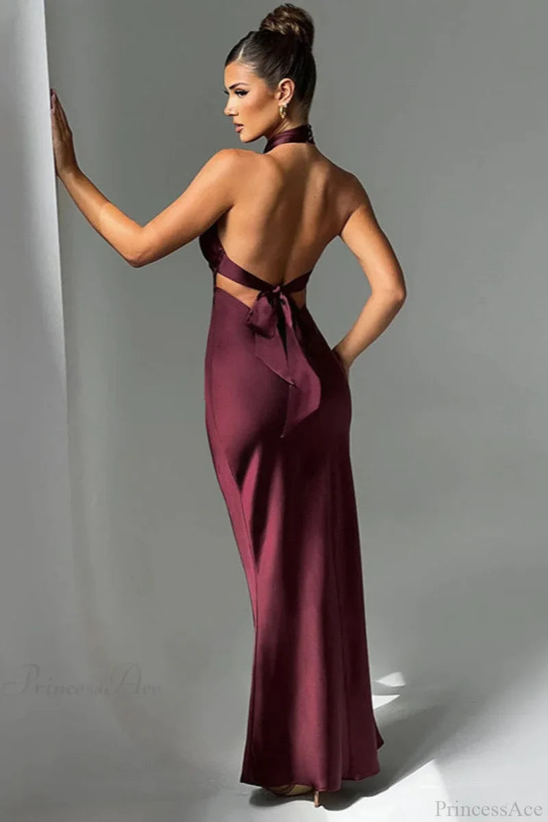 Satin Halter High Waist Fitted Party Dress
