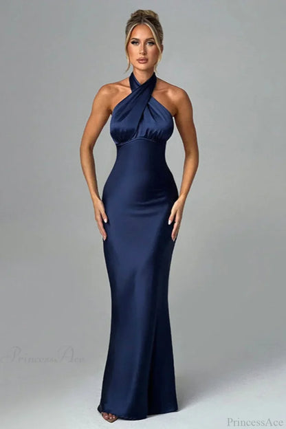 Satin Halter High Waist Fitted Party Dress Blue / S