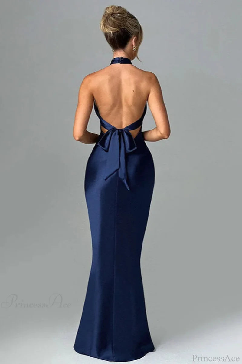 Satin Halter High Waist Fitted Party Dress