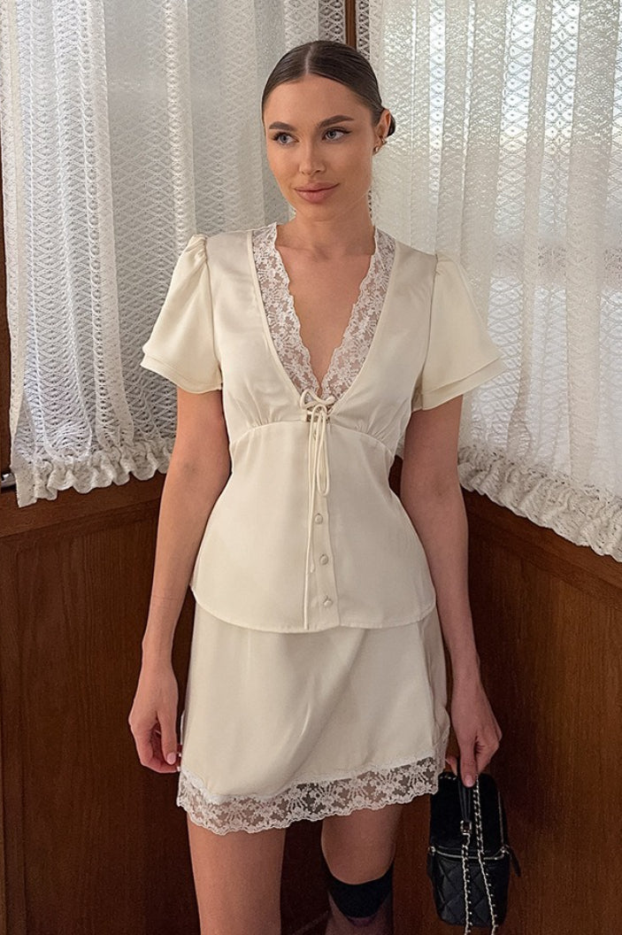 Satin Silk-Like Lace V-Neck Waist Tie Skirt Set