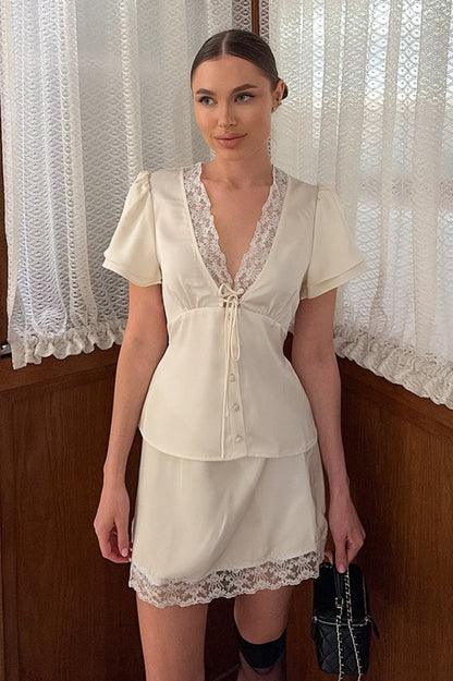 Satin Silk-Like Lace V-Neck Waist Tie Skirt Set