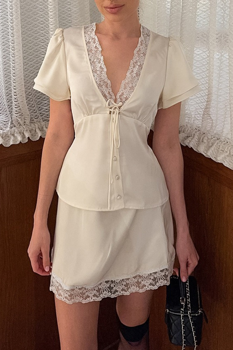 Satin Silk-Like Lace V-Neck Waist Tie Skirt Set