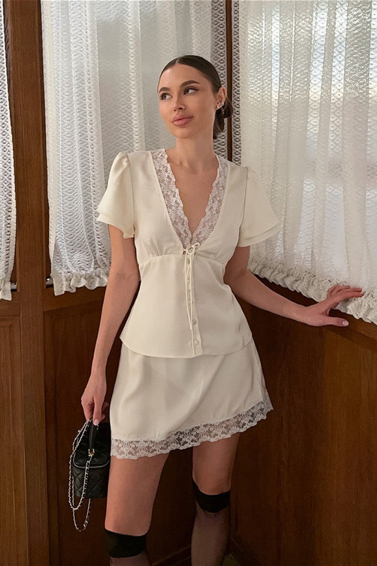 Satin Silk-Like Lace V-Neck Waist Tie Skirt Set