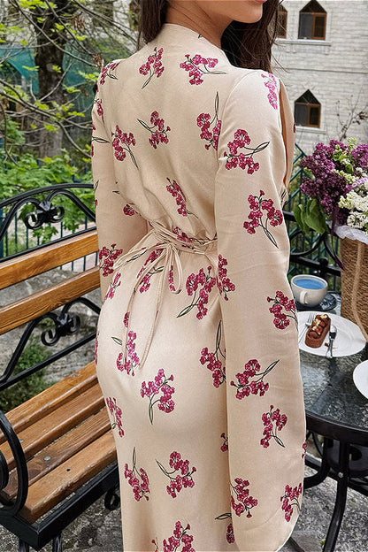 Satin V Neck Long Sleeve Tie Waist Elegant Maxi Floral Dress