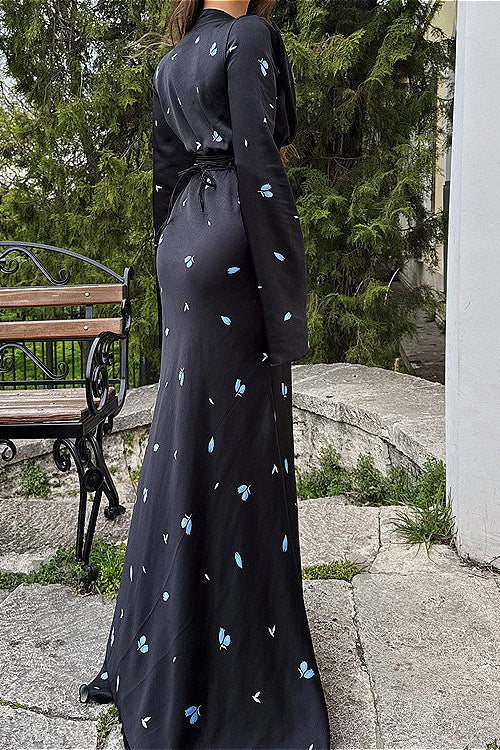 Satin V Neck Long Sleeve Tie Waist Elegant Maxi Floral Dress