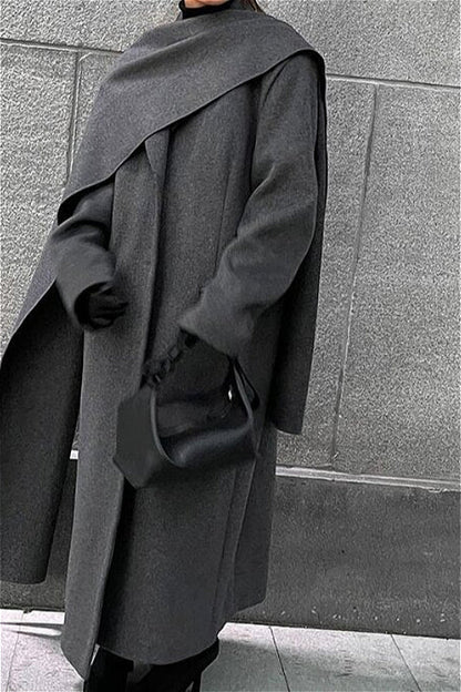 Scarf Collar Longline Woolen Elegant Solid Overcoat