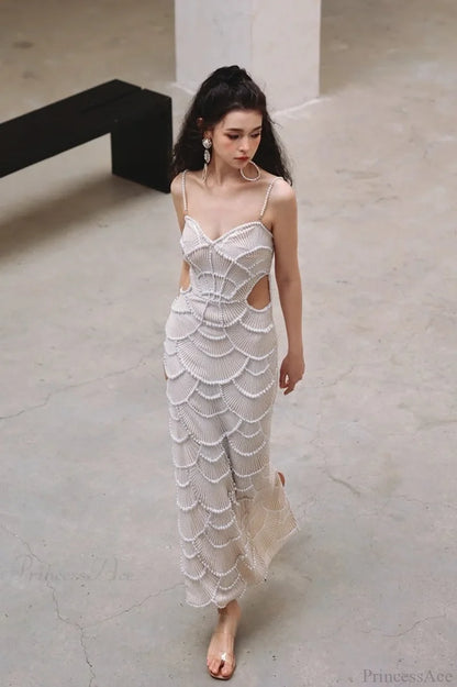 Sequin Beaded Cutout Waist Spaghetti Strap Wedding Dress