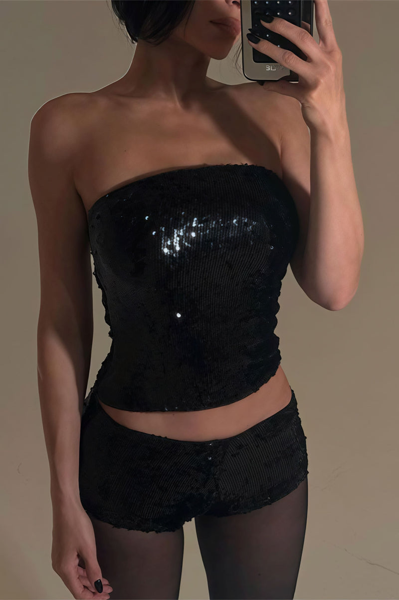 Sequin Fitted Strapless Top Shorts Two Piece Set