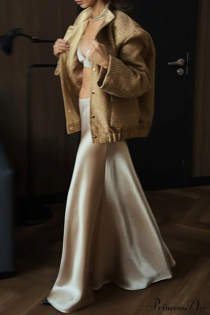 Sequin Metallic Stand Collar Loose Fashion Coat