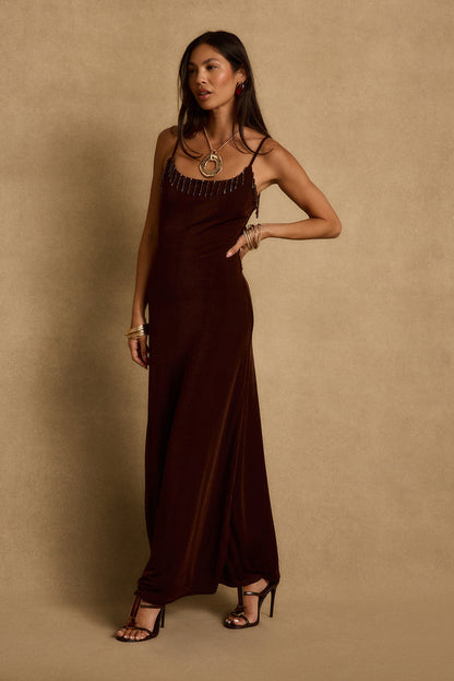 Serenade Espresso Beaded Maxi Dress