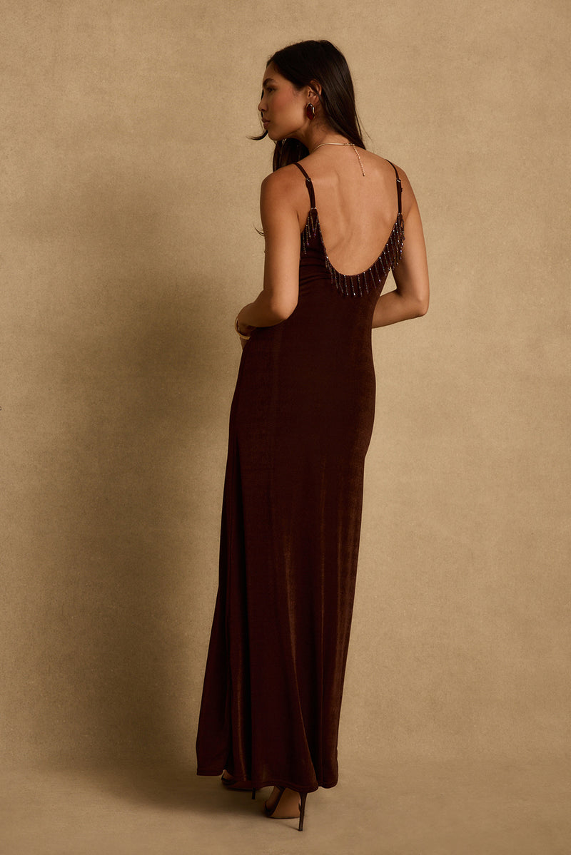 Serenade Espresso Beaded Maxi Dress