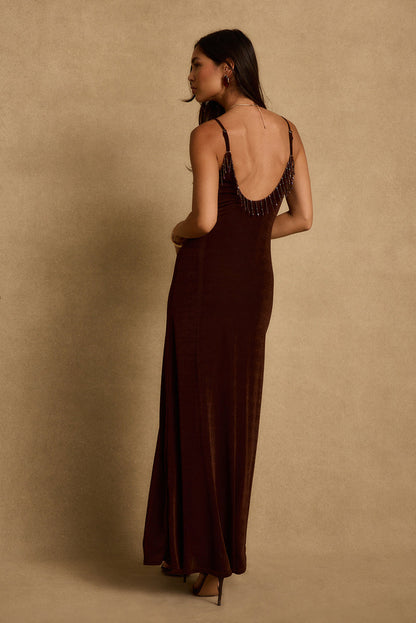 Serenade Espresso Beaded Maxi Dress
