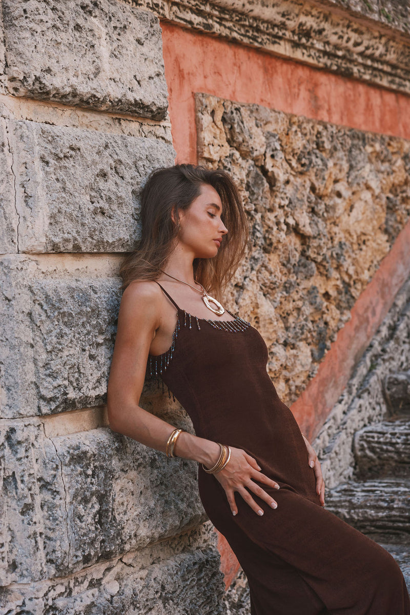Serenade Espresso Beaded Maxi Dress