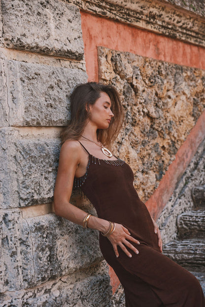 Serenade Espresso Beaded Maxi Dress