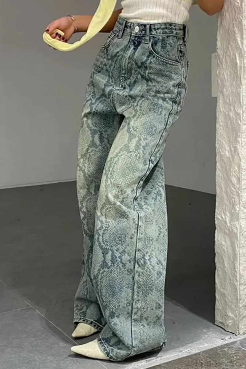 Serpentine Print Low Waist Straight Leg Jeans Blue / S