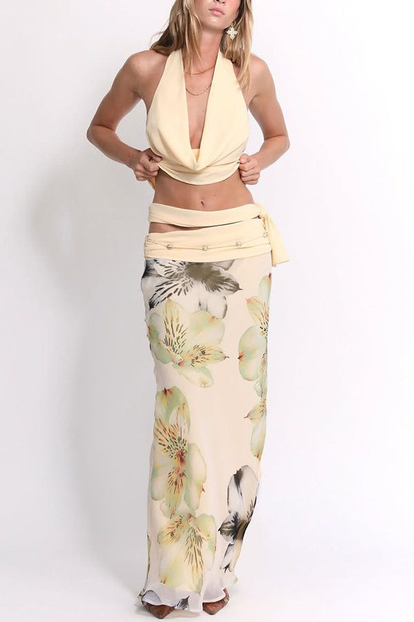 Sexy Backless Halter Top Slim Printed Maxi Skirt Set