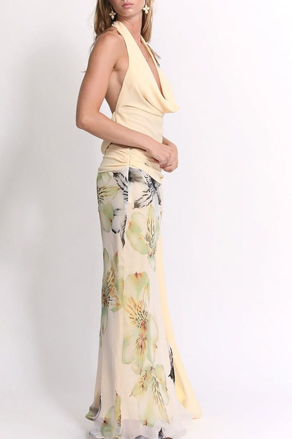 Sexy Backless Halter Top Slim Printed Maxi Skirt Set