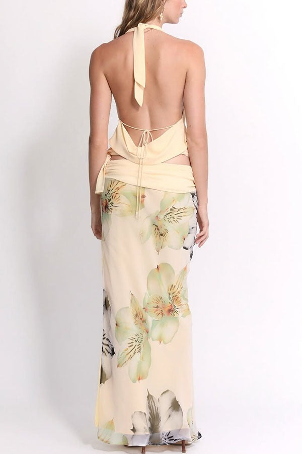Sexy Backless Halter Top Slim Printed Maxi Skirt Set