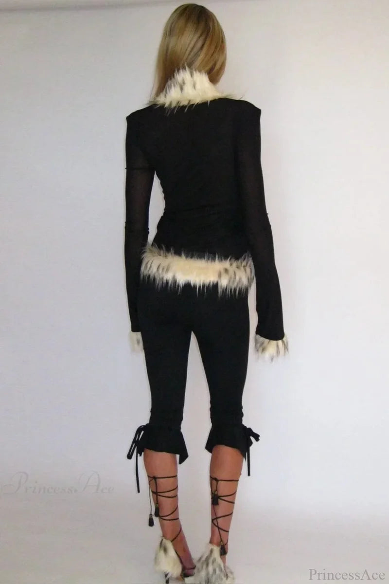 Sexy Chic Fur Collar Tulle Panel Cropped Long Sleeve Blouse