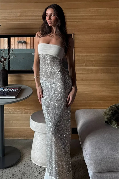 Sexy Elegant Sequin Strapless Fitted Slit Backless Wedding Dress
