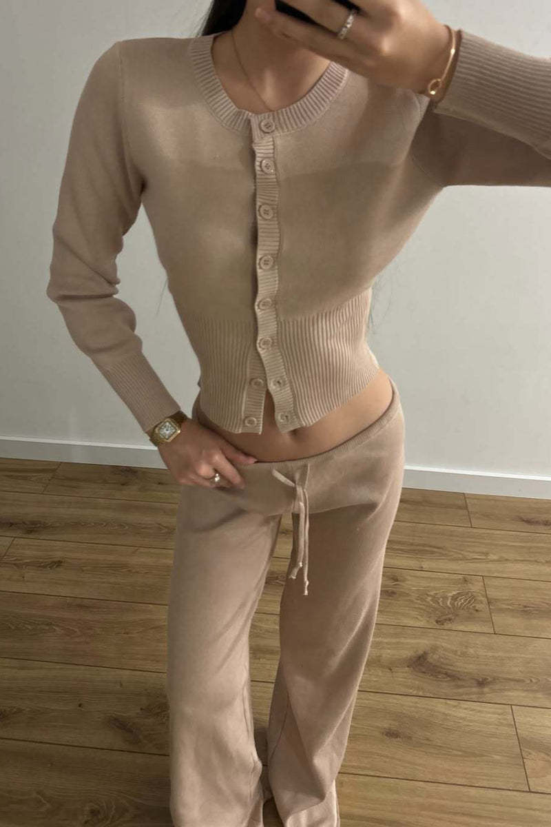 Sexy Fitted Buttoned Long-Sleeve Low-Rise Knit Two Piece Set
