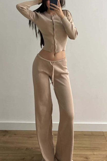 Sexy Fitted Buttoned Long-Sleeve Low-Rise Knit Two Piece Set