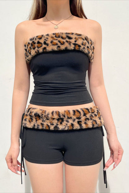 Sexy Leopard Fleece Tube Tank Drawstring Two Piece Set