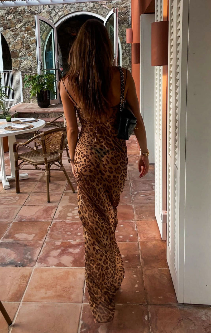 Sexy Sheer Cowl Neck Leopard Cami Maxi Dress