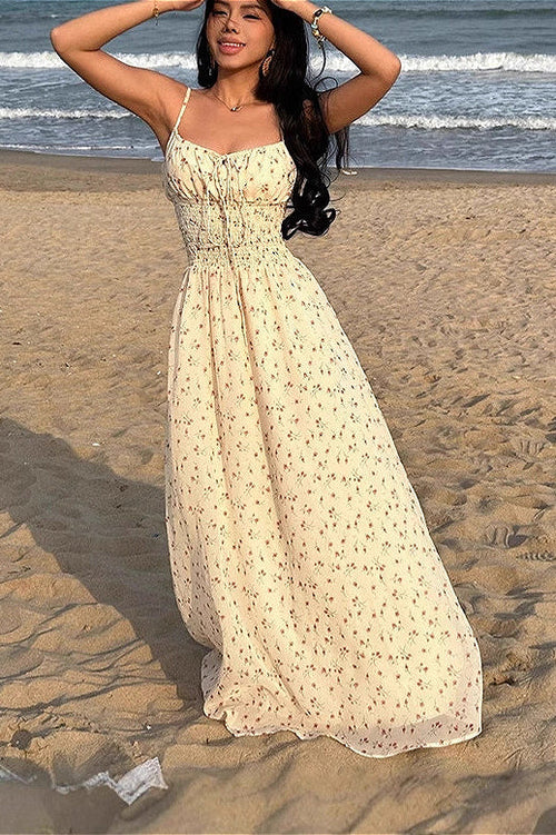 Sexy Smocked V Neck High Waist A Line Maxi Cami Floral Dress
