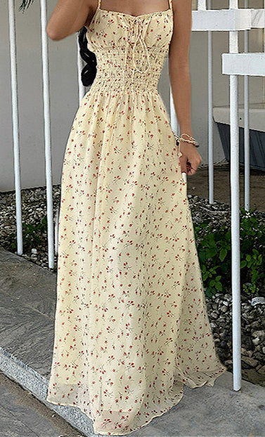 Sexy Smocked V Neck High Waist A Line Maxi Cami Floral Dress