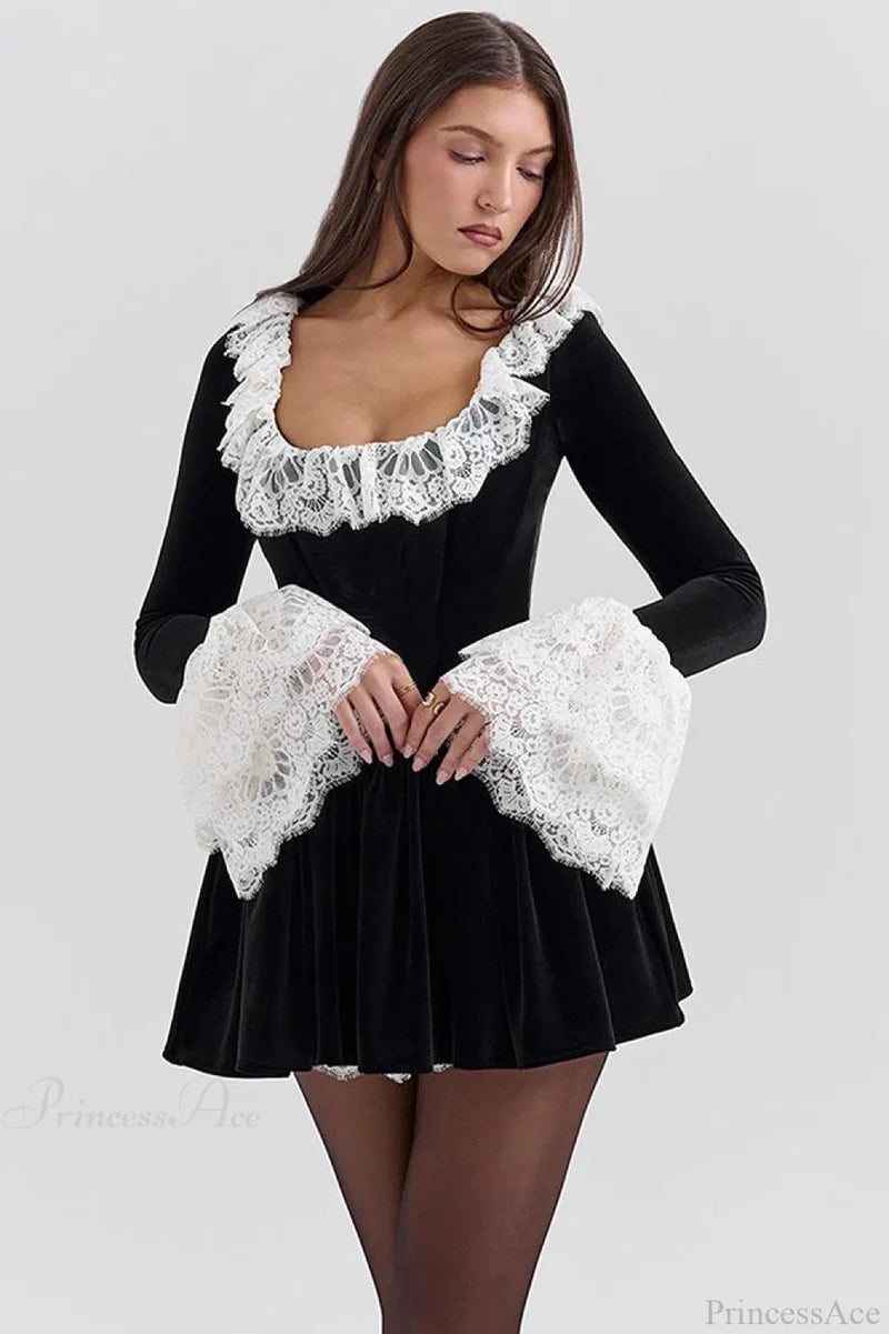 Sexy Square Neck Lace Trim Flared Sleeve Mini Dress