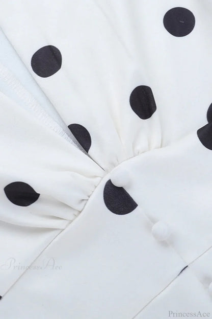 Sexy V Neck Polka Dot Lantern Sleeve Waist Cinching Fitted Mini Dress