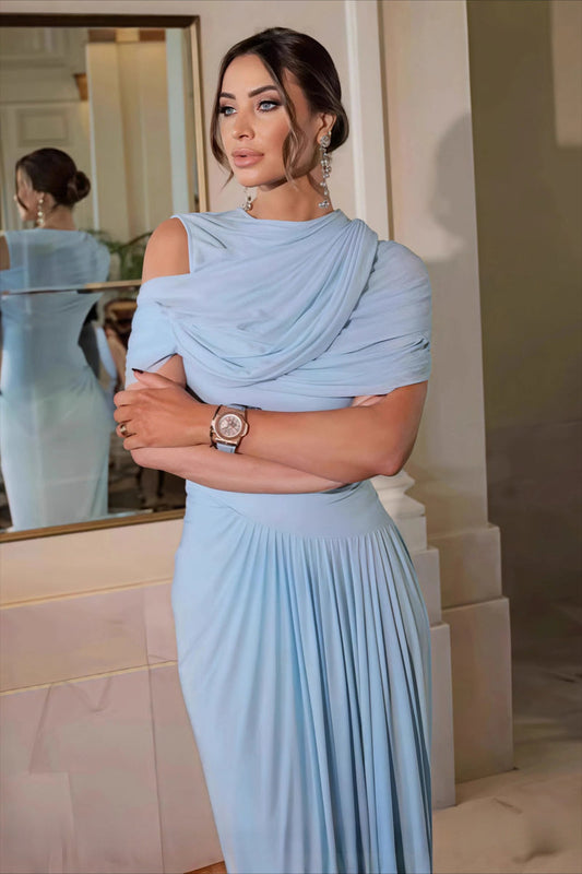 Shawl Ruched Solid Elegant Maxi Dress