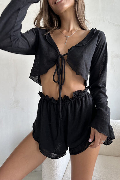 Sheer Knit Tie Front Cardigan Shorts Two Piece Set