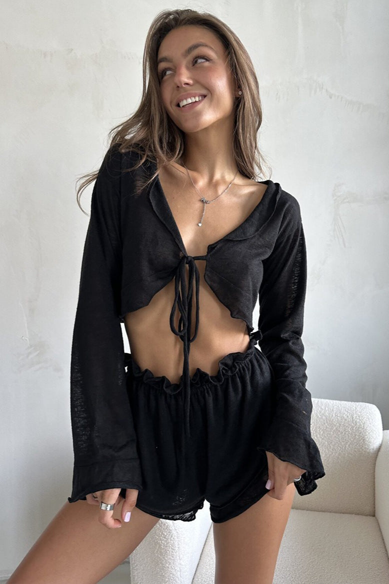 Sheer Knit Tie Front Cardigan Shorts Two Piece Set