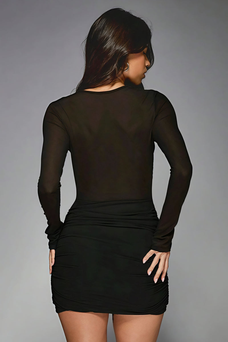 Sheer Mesh Ruched Patchwork Long Sleeve Mini Dress