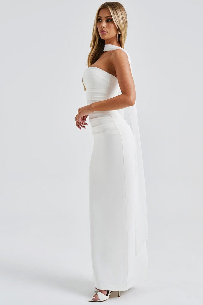 Sheer Sleeve Bustier Gown Formal Dress