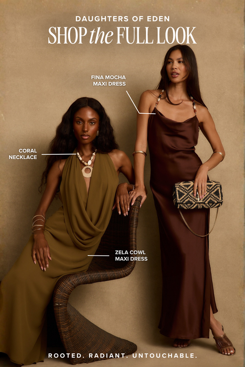 Two models in olive and mocha satin maxi dresses with coral necklace and woven clutch, resort outfits for women.