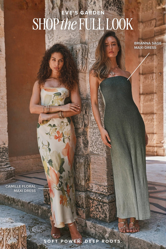 Camille floral and Brianna sage maxi dresses styled as women's resort outfits by stone columns.