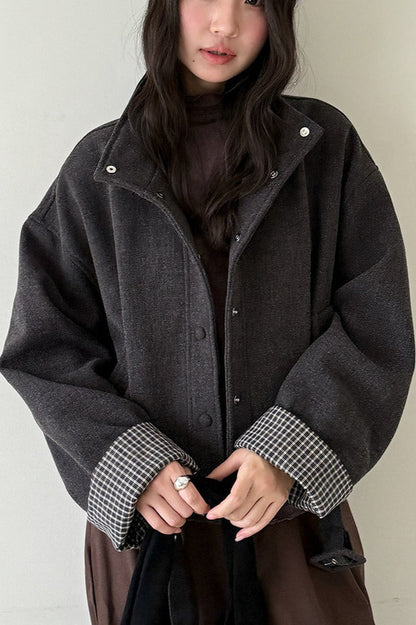 Short Cuffed Check Pieced Stand Collar Wool Coat