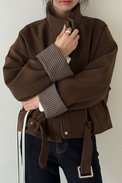 Short Cuffed Check Pieced Stand Collar Wool Coat