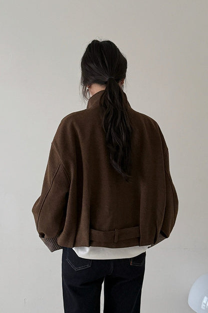 Short Cuffed Check Pieced Stand Collar Wool Coat